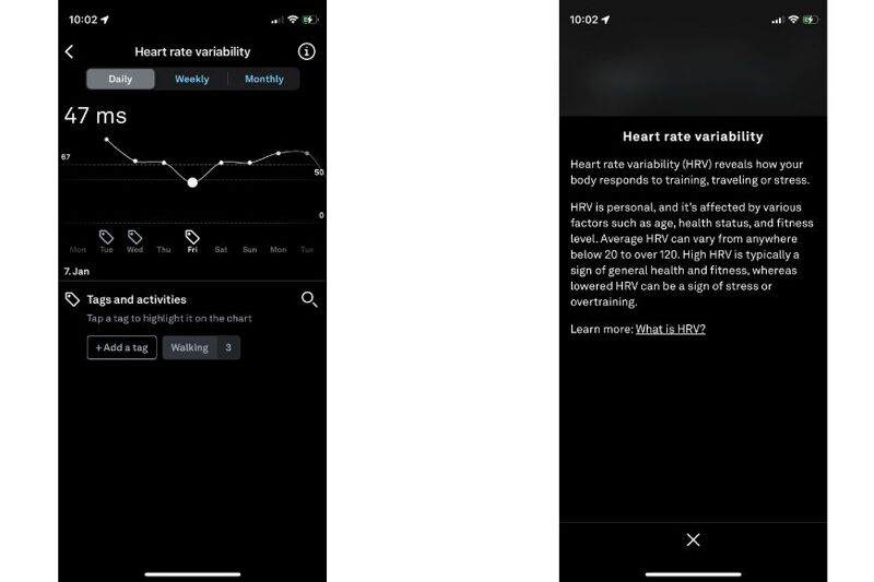 You can see the Oura app open, where heart rate variability is displayed.